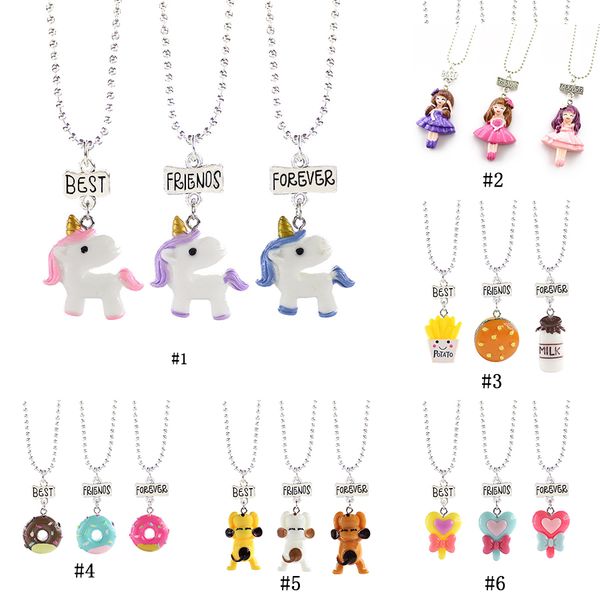 

Kids Cartoon Best Friends Forever BFF necklaces For Boys Grils Resin Unicorn Princess Dog food Bow Donut Pendant Children friendship Jewelry