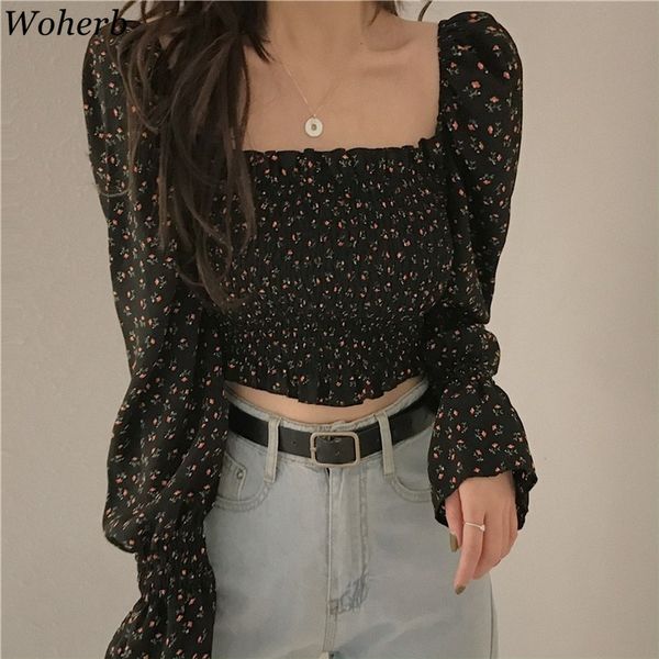 

woherb summer 2020 new black chiffon blouse crop floral puff long sleeve shirt slim-fit temperament square collar ladies, White