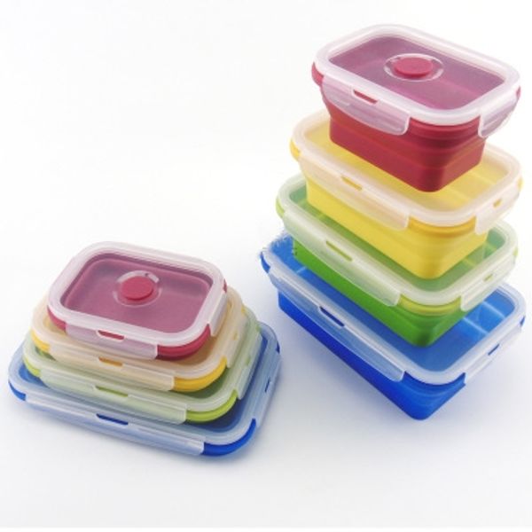 

500ml multicolor food grade silicone lunch box collapsible portable microwave crisper box folding eco-friendly food container bento box