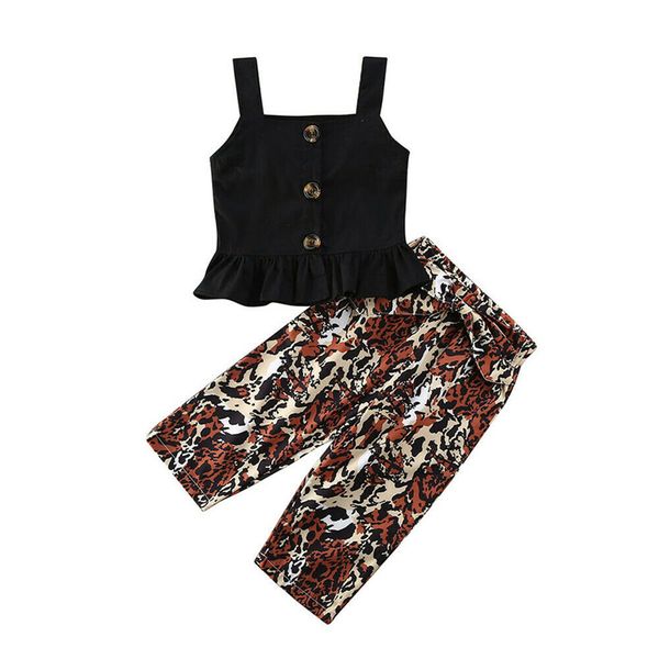 

1-5y toddler baby kids girls black strap leopard pants outfits casual set summer baby girls clothing set children clothes, White