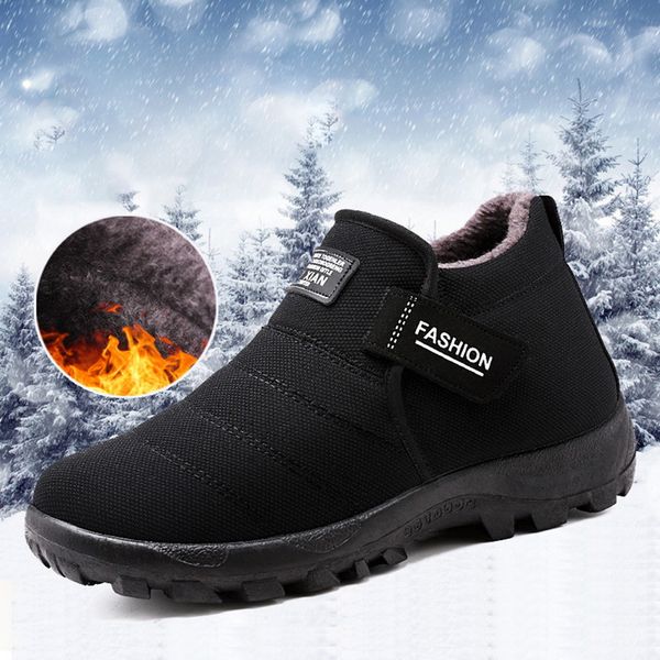 

boots plush men shoes winter snow warm fur inside casual ankle slip-on loafer bottom cotton for father, Black