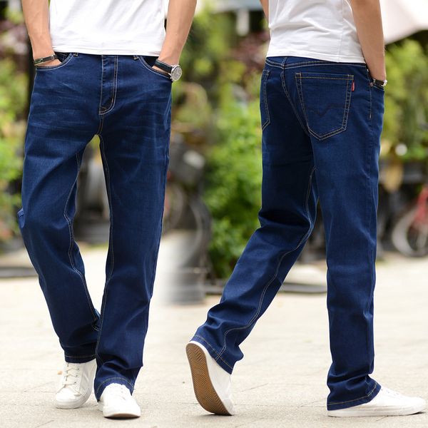 

2019 new summer and autumn fertilizer plus high waist fat loose casual high stretch loose straight jeans big size men's jeans, Blue