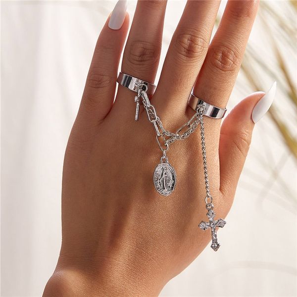 

vintage punk cross virgin mary pendant ring set hip hop adjustable joint ring finger for women party personality jewelry, Golden;silver