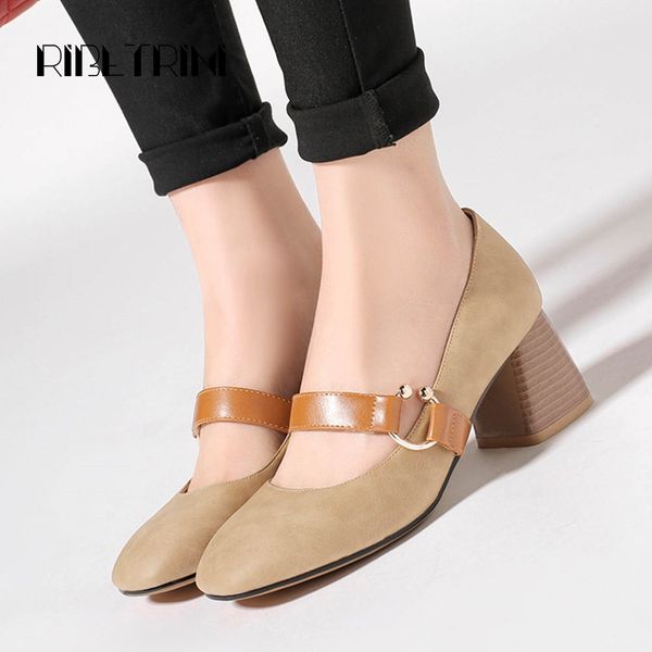 

ribetrini elegant chunky high heels pumps woman mary junes round toe big size 30-47office work dress shoes woman, Black