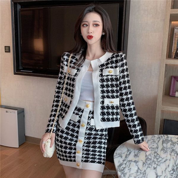 

2020 autumn winter fashion two piece set classic houndstooth jacket coat + bodycon skirt suit elegant office lady suit skirt set, White