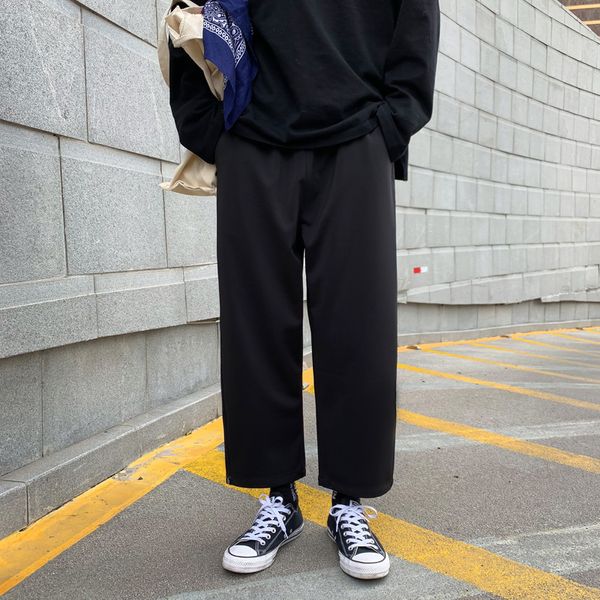 

men's casual pants 19 spring new hong kong style wide leg casual pants loose nine men and women wild youth men's clothing, Black