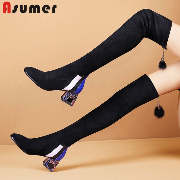 

asumer 2020 new arrive thigh high boots women flock round toe crystal heel party wedding shoes autumn winter stretch boots woman, Black