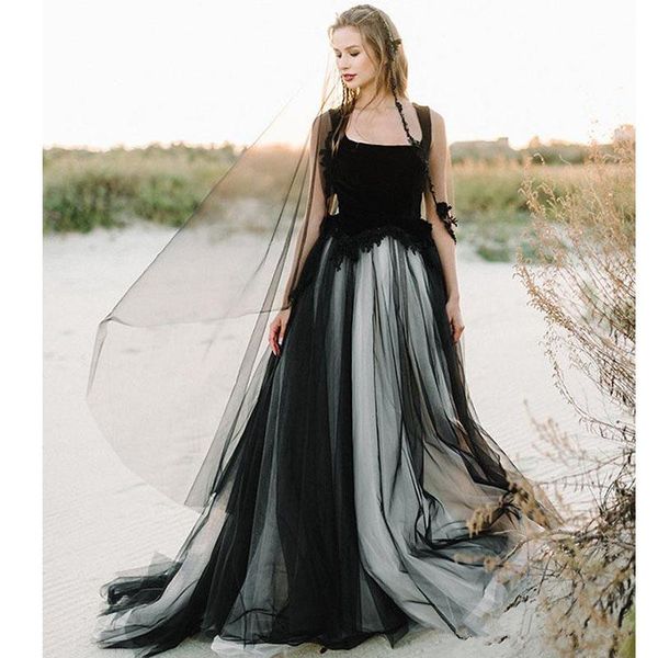 

gothic black lace wedding dresses square neck tiered tulle sweep tain a line wedding dress bridal gowns vestidos de noiva custom 182, White