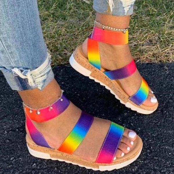 

women rainbow sandals 2020 new multicolor beach sandals woman summer shoes corkwood shoes size 35 -43, Black
