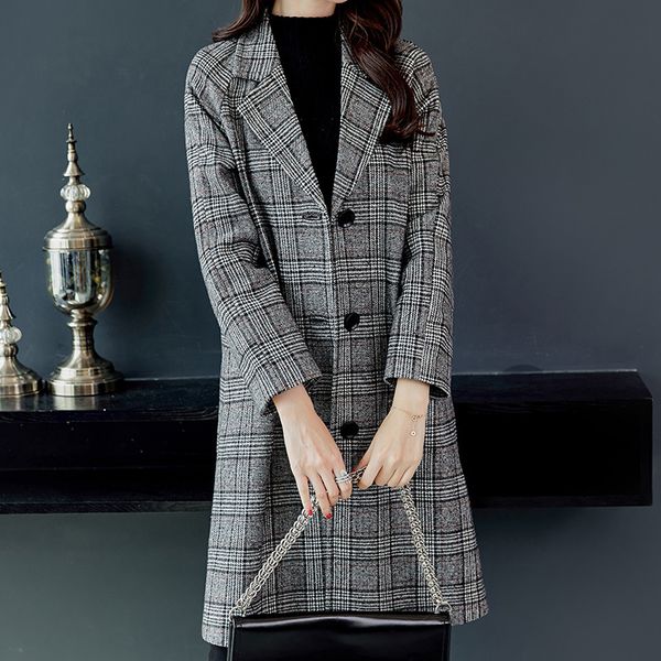 

winter houndstooth long woolen coat women's vintage single-breasted plaid female long sleeve blends outerwear windbreaker coats, Black