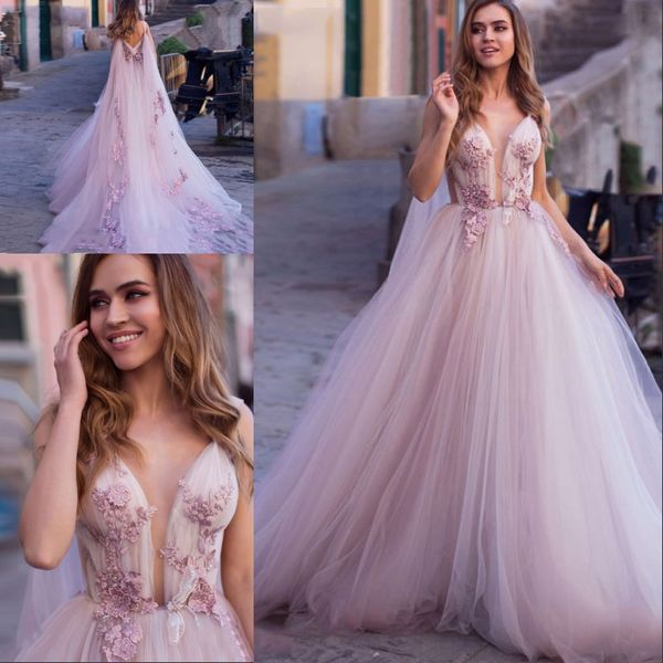 Abito da sposa principessa 2019 Fiori 3D senza maniche Applicazioni in pizzo Tulle illusione Abiti da sposa rosa Turchia con involucro