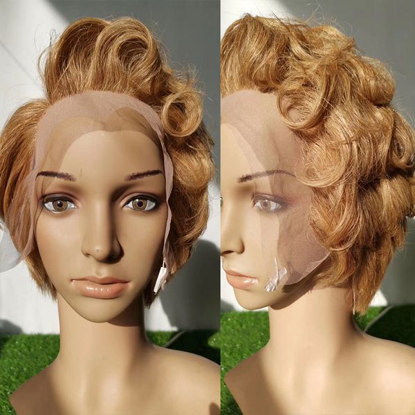 

dreamdiana ombre curly wig 8"13x4 lace front wig remy brazilian hair short lace blond 27 150 density 100% human hair l, Black;brown