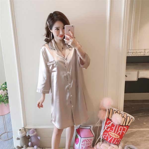 

wavmit 2019 summer autumn silk womens sleepwear sleepshirt long print ladies nightgown young girl outwear nightdress party, Black;red