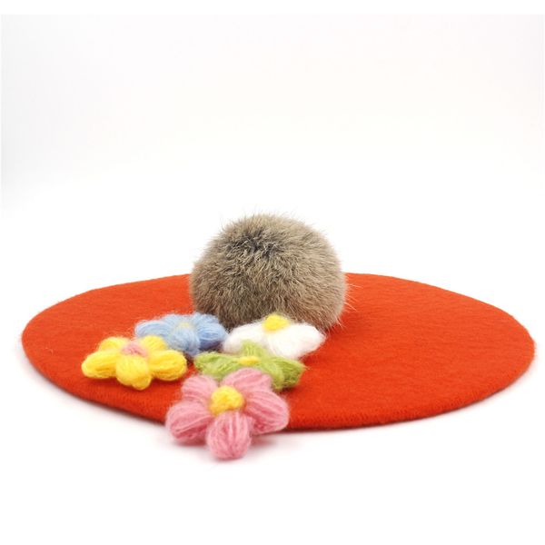 

new winter warm wool women's chapeu fedora for laday artist embroidery cap with handwork flower fur ball pom poms beret hat 20, Blue;gray