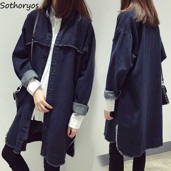 

trench women solid single breasted denim side-slit fashion retro tassel leisure korean style all-match womens coats oversize bf, Tan;black