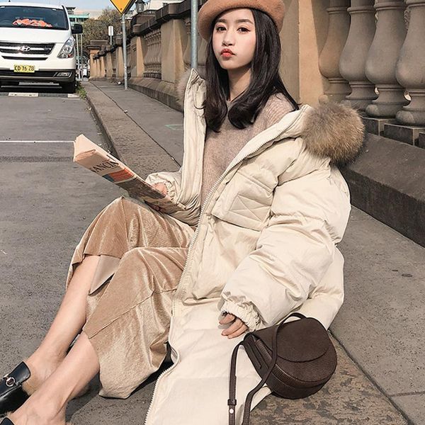 

2019 winter models long thick cotton coat hooded harajuku loose straight large fur collar down cotton women, Black