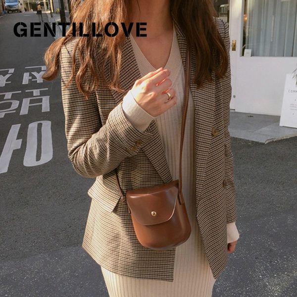 

gentillove vintage jacket office ladies plaid double breasted blazer long sleeve loose houndstooth suit coat women blazers 2019, White;black