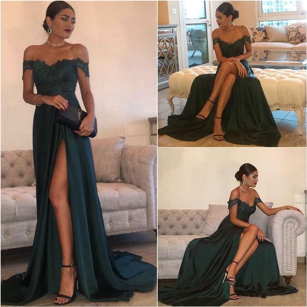 2020 Abendkleider A-Linie Hunter Green Chiffon High Split Ausschnitt Seitenschlitz Spitzenoberteil Sexy Schulterfrei Heißes formelles Partykleid Ballkleider