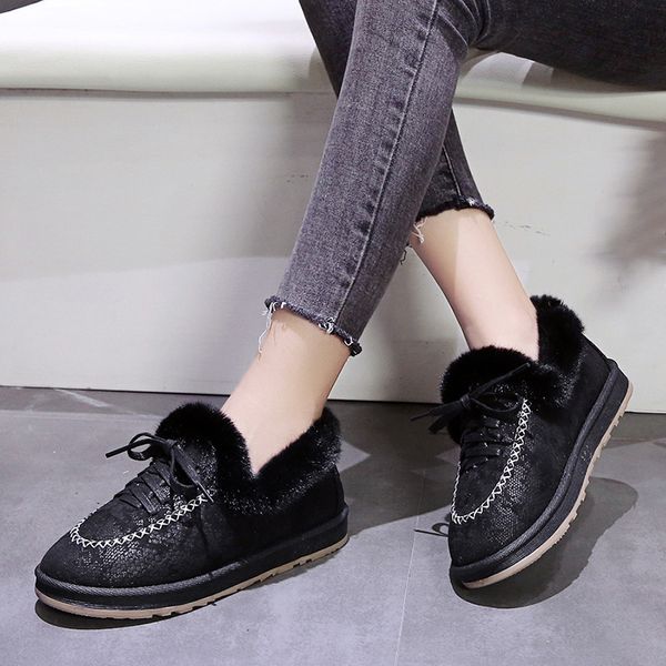 

winter female lace up ankle boots women comfortable round toe flat platform boots shoes woman short plush keep warm snow, Black