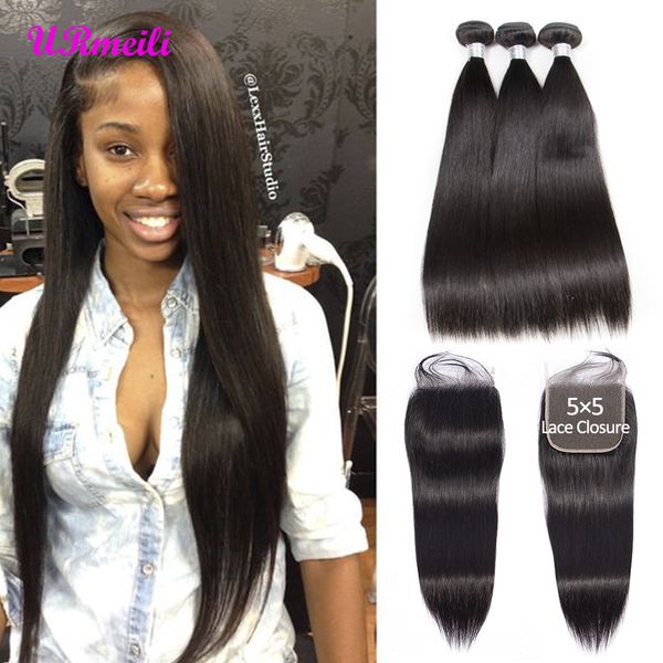 

indian viagin hair 5x5 closure with bundles raw indian straight hair bundles with lace closure remy human hair 3/4 bundles with closure, Black;brown