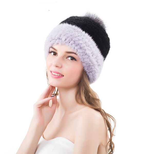 

women's winter knitted hats women real hats with silver fur pom poms two-color beanies hat, Blue;gray