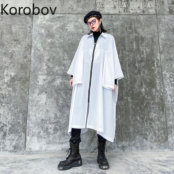 

korobov harajuku zipper long women coats oversize ulzzang white long trench 2020 new chic streetwear female coat, Tan;black