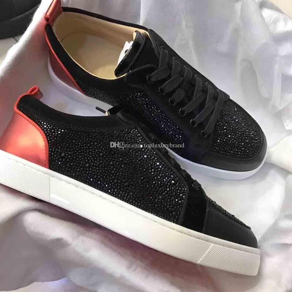 

with box]luxury couple sneakers low flats red bottom strass rhinestone spikes rantulow black patent leather calfskin junior casual