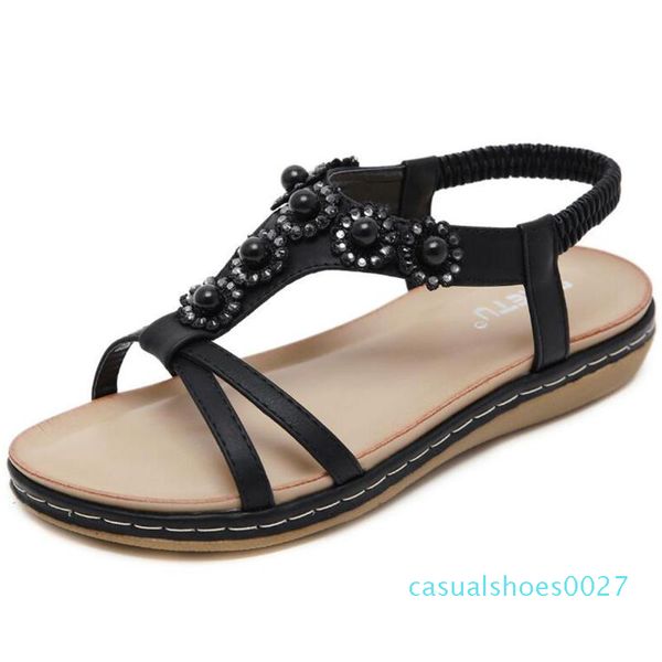 

new bohemian summer shoes sweet womens flowers flat sandals rhinestones casual plus size 35-42 sandalias c27, Black