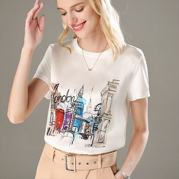 

2020 реальный -shirt шелк верхней -shirt женщина шелковицы круглый воротник короткий рукав сшитые хлопка верхней женщина, White