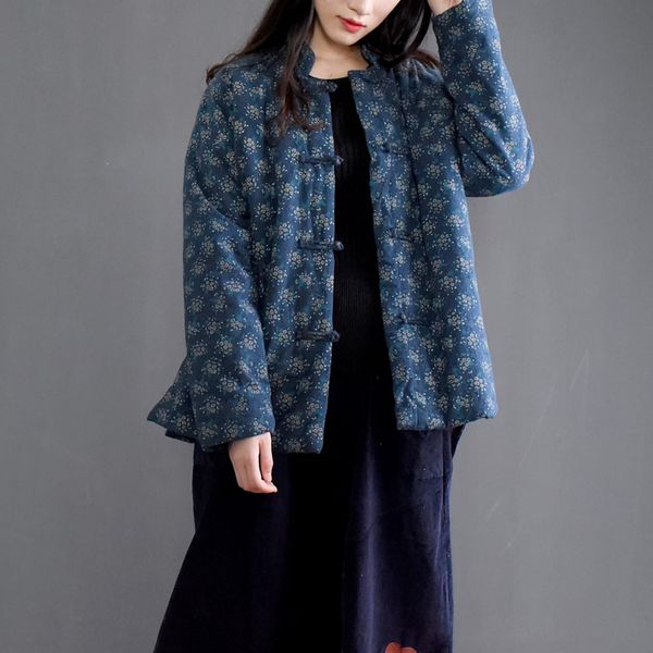 

scuwlinen 2019 vintage handmade small wadded jacket plate buttons print stand collar short cotton-padded jacket w14, Tan;black