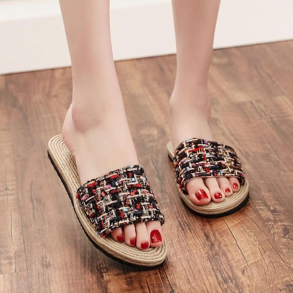 

женщины слайды пляжная обувь летние тапочки дамы плед повседневная открытый носок плоские сандалии женщины повседневная обувь крытый открыты, Black