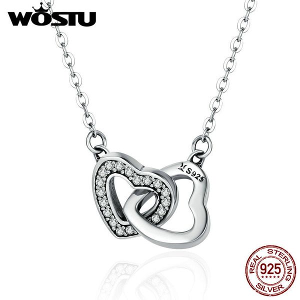 

wostu valentine day gift 925 sterling silver connected heart couple heart pendant necklace for girlfriend silver jewelry fin181