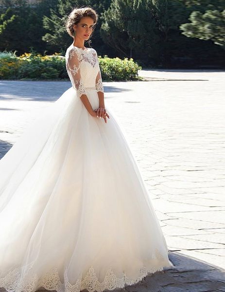 

simple vintage lace millanova a line wedding dresses bateau half sleeves pearls tulle ball gown wedding gowns bridal dresses hy4166, White