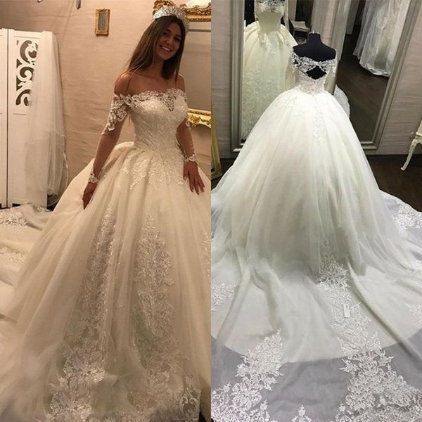 

princess lace ball gown wedding dresses boat neck long sleeves open back country church wedding gowns arabic dubai court train bridal dress, White