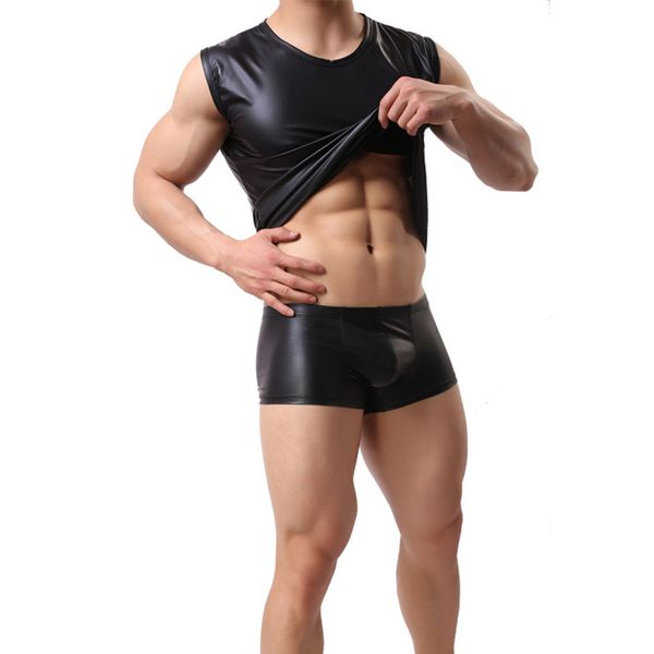 

men's black imitation leather body suit sport tank sleeveless vest tight shirt (not include shorts, Black;blue