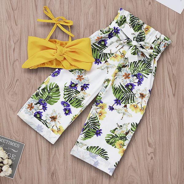 

toddler baby kid girl floral outfits little girls strap vest crop +long wide pant 2pcs clothing set 1-5t summer clothes sets, White