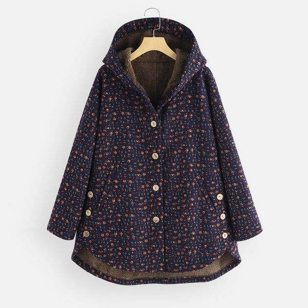 

plus size winter long coat women vintage floral print warm asymmetrical hooded coat button loose female oversize parka, Black