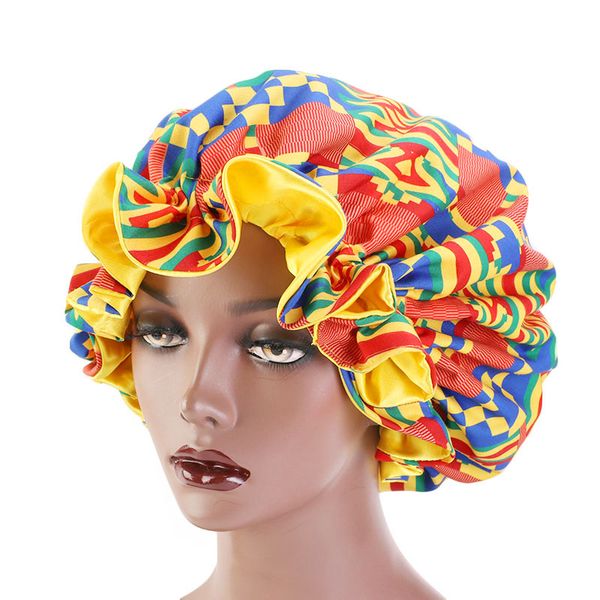 

large size african pattern ankara print bonnets muslim women night sleep cap ladies turban satin elastic hat head cover extra, Blue;gray