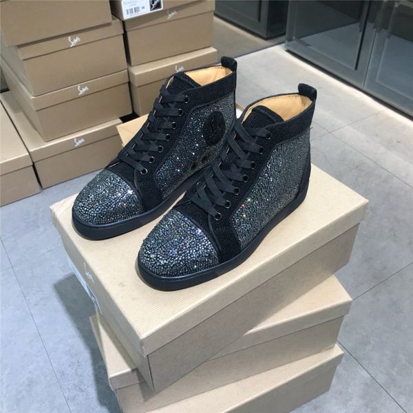 

version luxury fashion rivet men's shoes stitching graffiti high-shoes red bottom couple rhinestone women's shoes size 35-47 15, Black