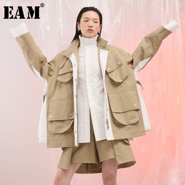 

eam] 2020 new spring lapel long sleeve side white split joint big pocket loose big size jacket women coat fashion tide jg801, Black;brown