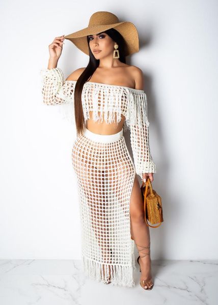 

2019 2-pieces lady full sleeves slash neck set 3colors culb tassel hollow out long new set cy8128, White