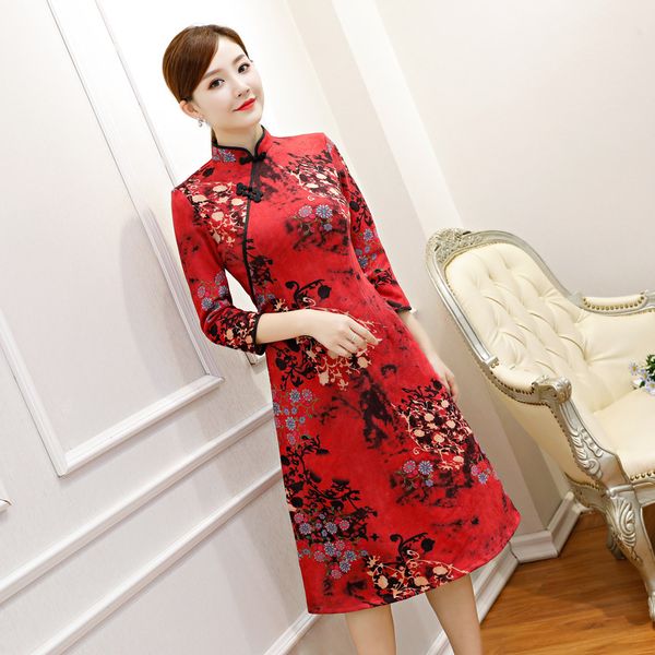 

2019 Spring Cheongsam Vintage Chinese Mandarin Collar Dress Sexy Womens Winter Suede Qipao Slim Party Dresses Vestido S-3XL