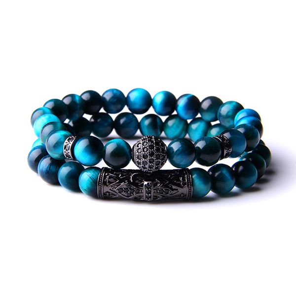 

2pcs/ set natural royal blue tiger eye stone men's bracelet fashion micro pave cz ball charm bracelet for women men, Black
