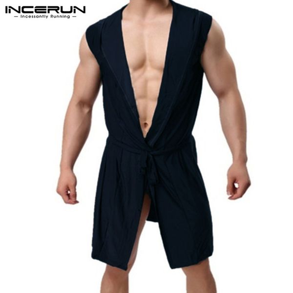 

incerun men robes pajamas hooded sleeveless men bathrobes casual robe sleepwear kimono nightwear homewear 2019 s-5xl, Black;brown