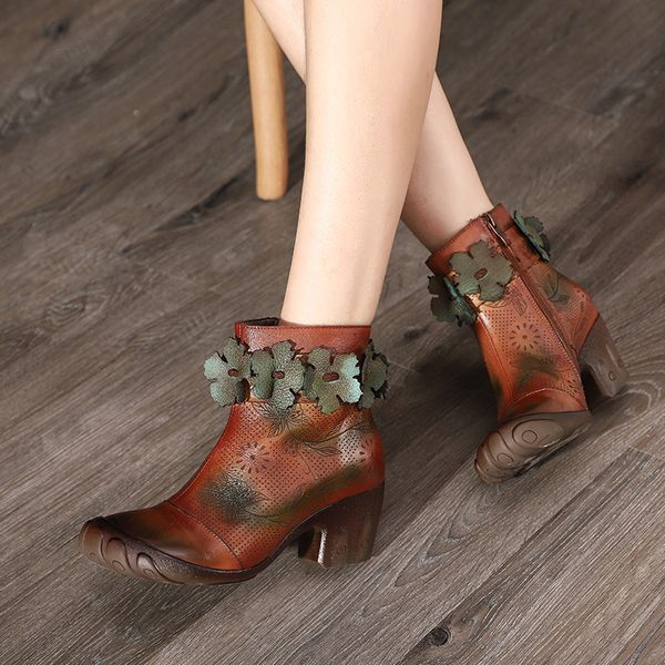 

original leather 2019 autumn shoes woman boots thick heel handmade flowers retro short boots genuine leather female ankle, Black