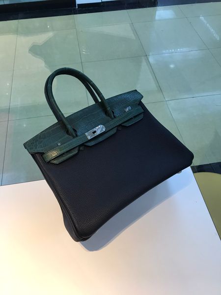 

orginal crocodile+togo skin 30c black+green brikin handbag,fully handmade,wax thread,many colors with different size for chosen