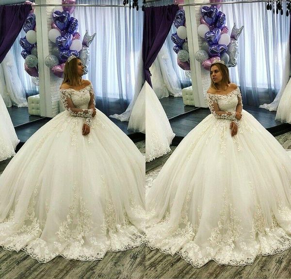 

classic long sleeve lace wedding dresses plus size wedding gowns tulle maxi muslim bridal gowns for women, White