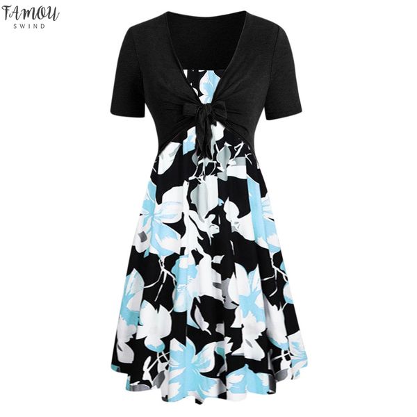 

dress women summer short sleeve bow knot bandage sunflower print mini dress suits party dresses plus size sundress vestidos, Black;gray