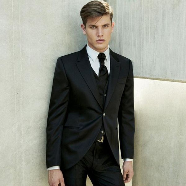 

new design black slim fit groom tuxedos peak lapel one button groomsmen mens wedding dress excellent man suit(jacket+pants+vest+tie) 391, Black;gray