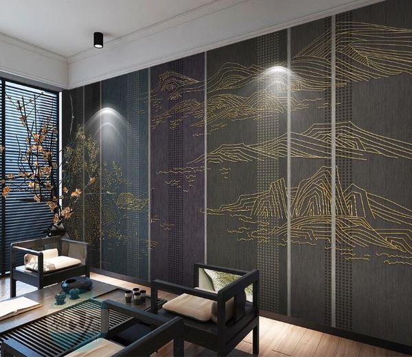

custom p wallpaper golden line landscape relief carving chinese tv background wall painting mural living room sofa tv bedroom backdrop